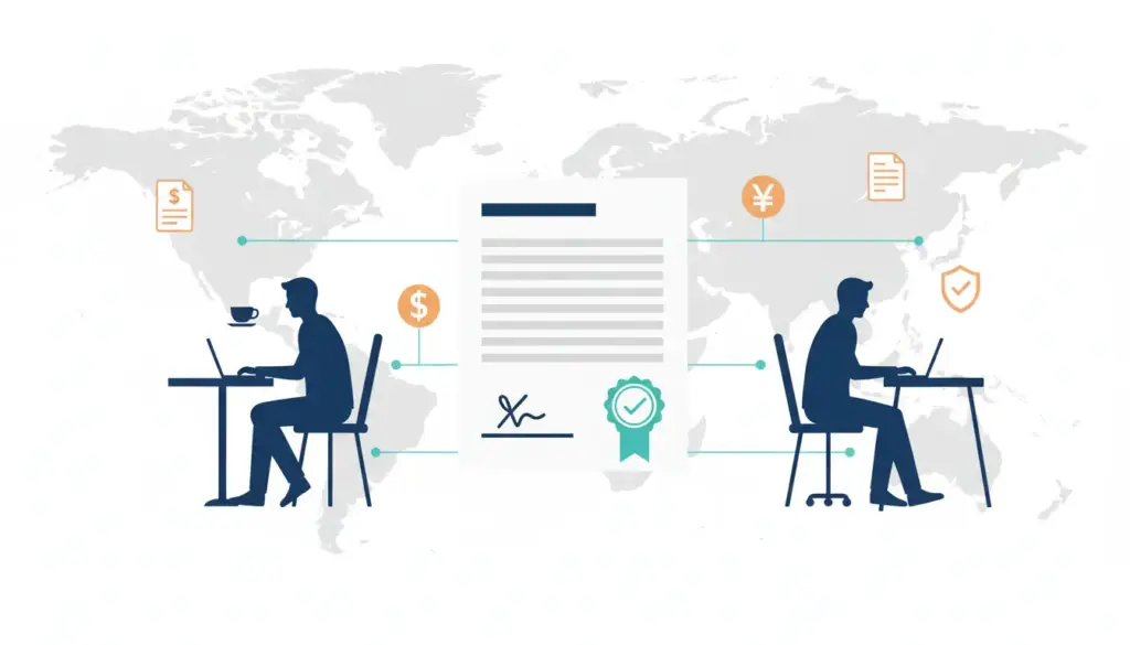 Contractor of Record concept showing a compliant global contract connecting distributed freelancers with payment and compliance icons