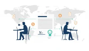 Contractor of Record concept showing a compliant global contract connecting distributed freelancers with payment and compliance icons