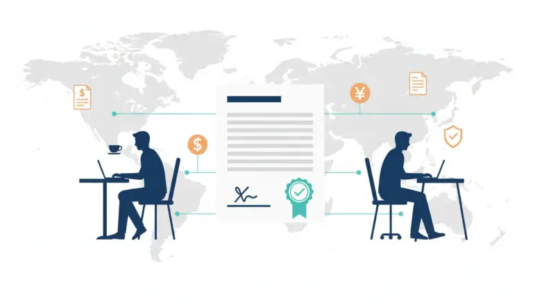 Contractor of Record concept showing a compliant global contract connecting distributed freelancers with payment and compliance icons