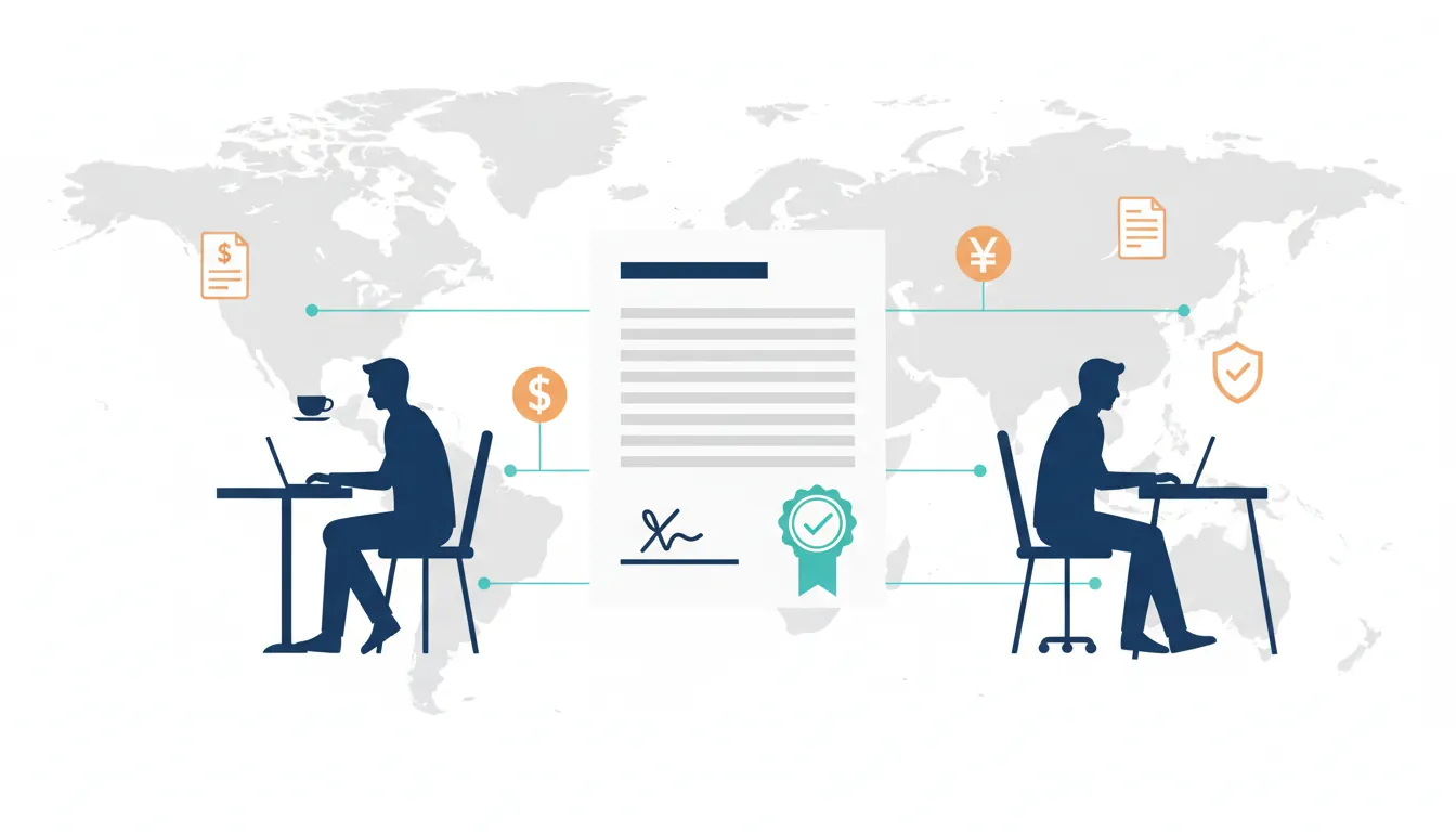 Contractor of Record concept showing a compliant global contract connecting distributed freelancers with payment and compliance icons